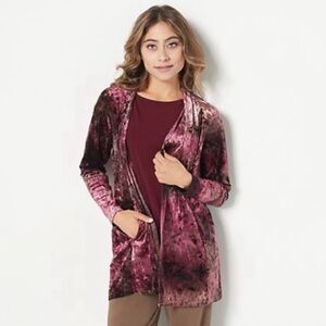 Susan Graver Crushed Velvet Knit Open Front Cardigan Rose XS